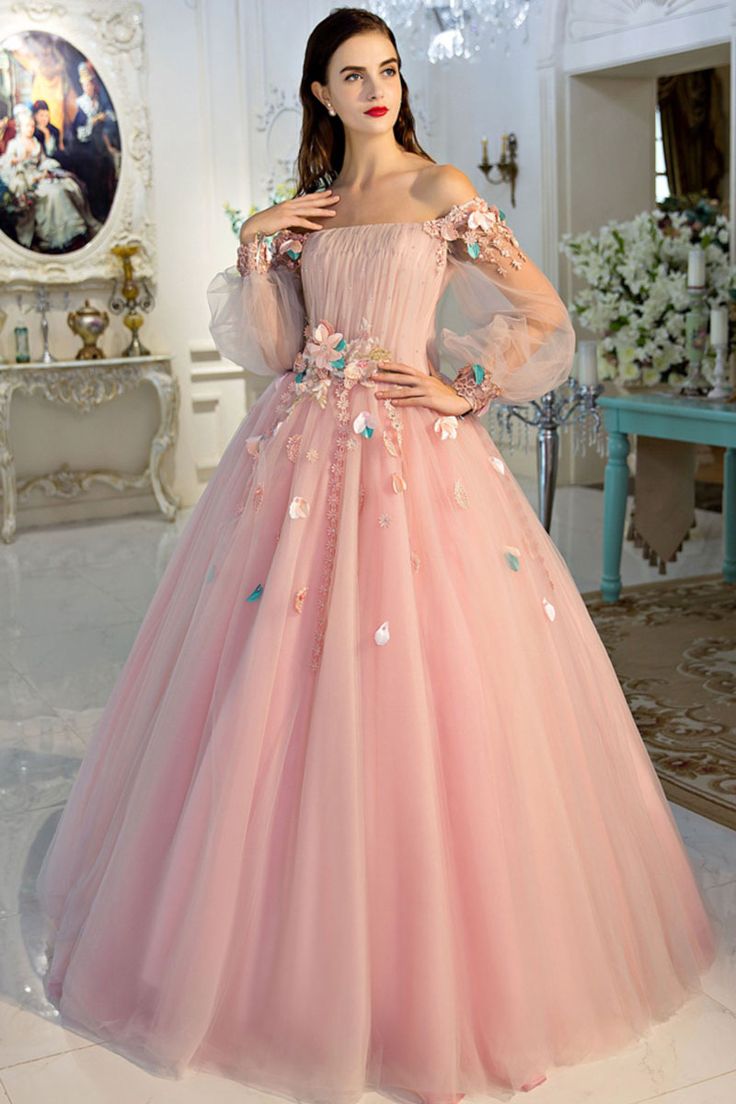 Pink delicate floral applique fairy long sleeves long tulle ball gown evening dress gh2279