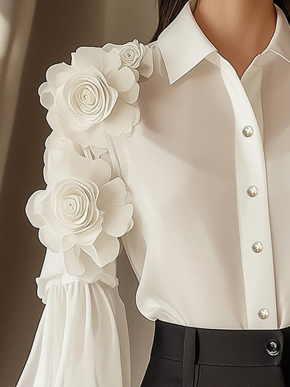 White Chiffon Blouse With 3D Flower Decoration On Sleeves
