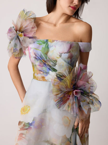 Organza Watercolor Off Shoulder 3D Flower Gown