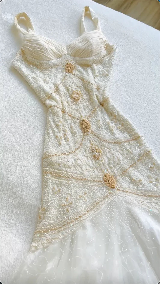 Vintage Gorgeous A Line StraP Beaded Ivory Chiffon Prom Dress Evening Dress SH2307