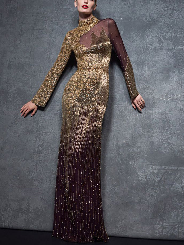 High Neck Long Sleeves Mesh Sequins Maxi Dress
