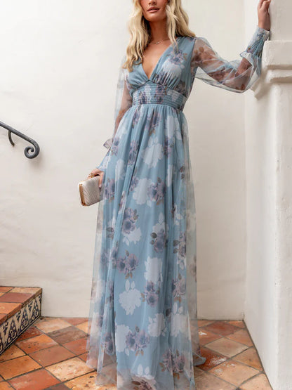 Tulle Temperament Printed Holiday Maxi Dress