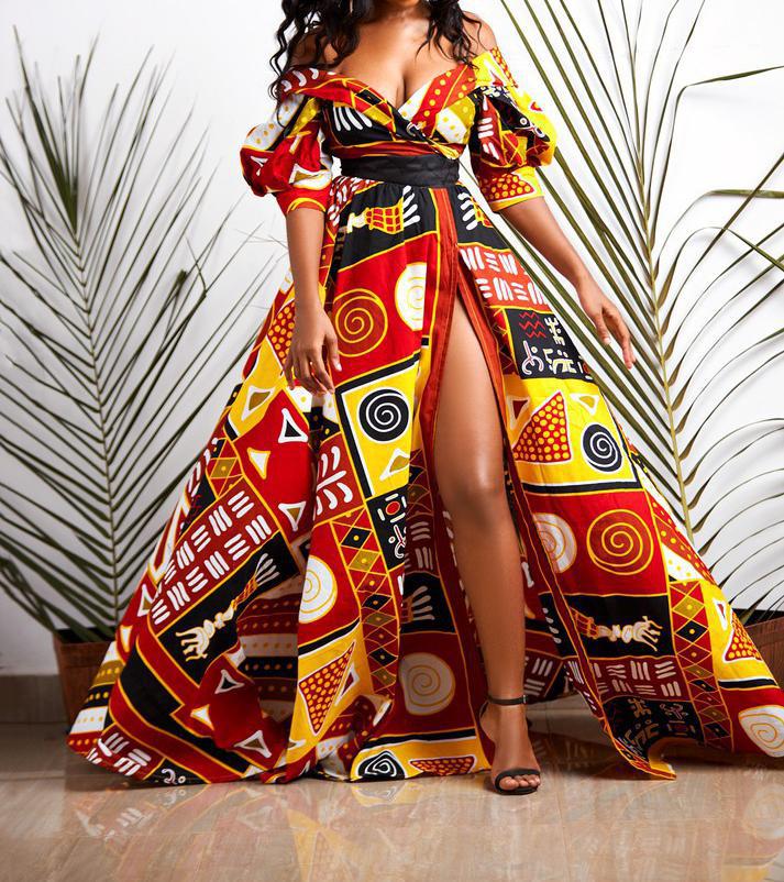loveedsTM- Dashiki Print Ankara Dresses African Women Clothes Summer Bohe Sexy V-neck Backless Slit Maxi Dress Kanga Clothing Plus Size