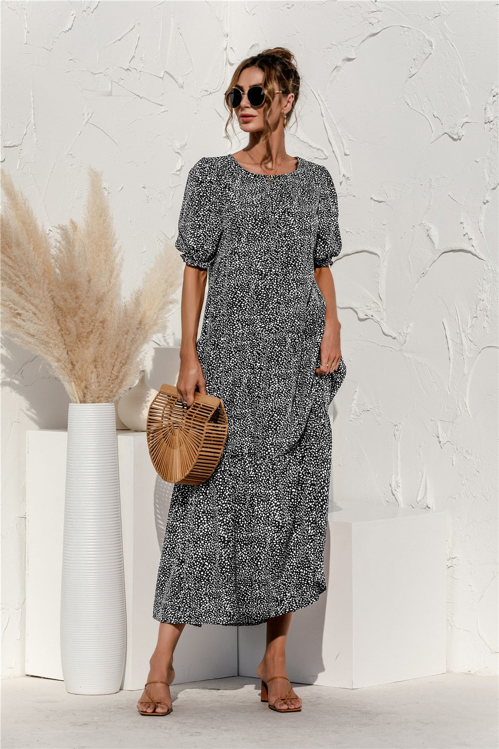 loveedsTM-Summer Polka Dot Plaid Print Robe Maxi Dress Women Elegant Puff Sleeve Casual Patchwork Loose Holiday Party Long Vestidos