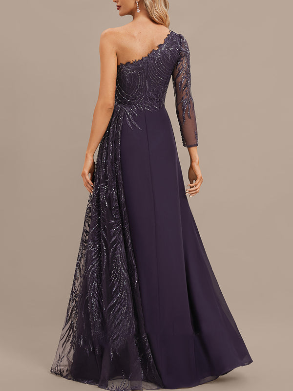 Sheath/Column One Shoulder Floor-Length Lace Chiffon Sequin Evening Dress