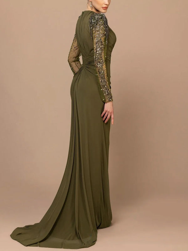 Round Neck Solid Color Sequins Maxi Dress