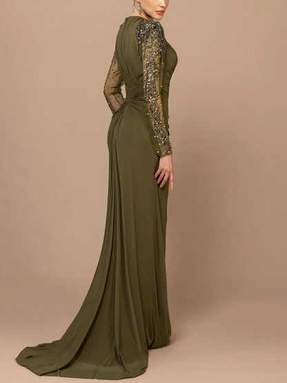 Round Neck Solid Color Sequins Maxi Dress