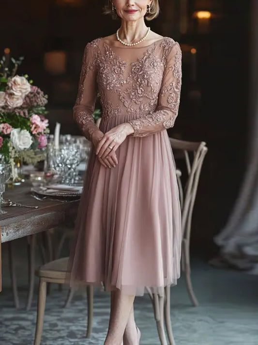 Pink Round Neck Mesh Lace Midi Dress
