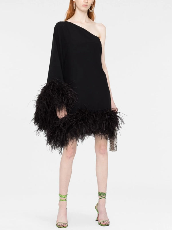 One Shoulder Solid Color Feather Mini Dress