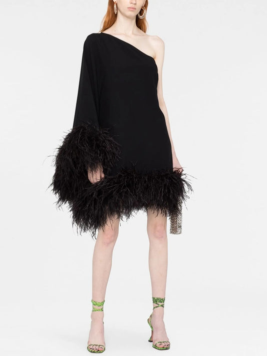 One Shoulder Solid Color Feather Mini Dress