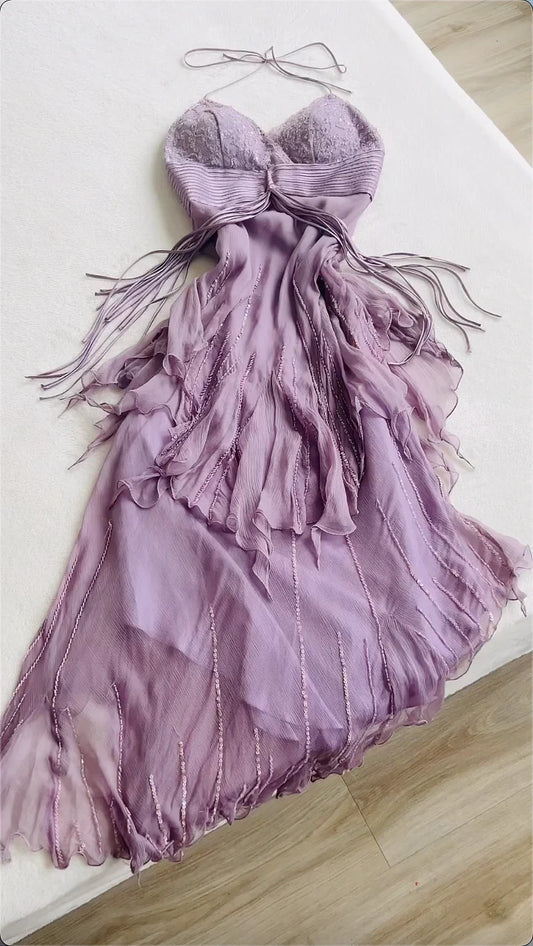Purple Beautiful Sweet Elegant Sweetheart Neck Exquisite Beaded Suspender Long Chiffon Ball Gown Evening Dress Party Dress Prom Dress gh3822