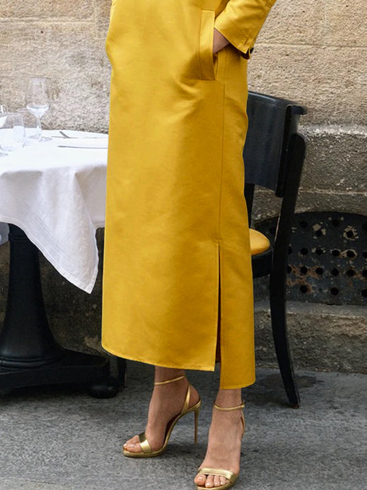 loveedsTM-Long Sleeves Loose Solid Color Split-Side Stand Collar Midi Dresses