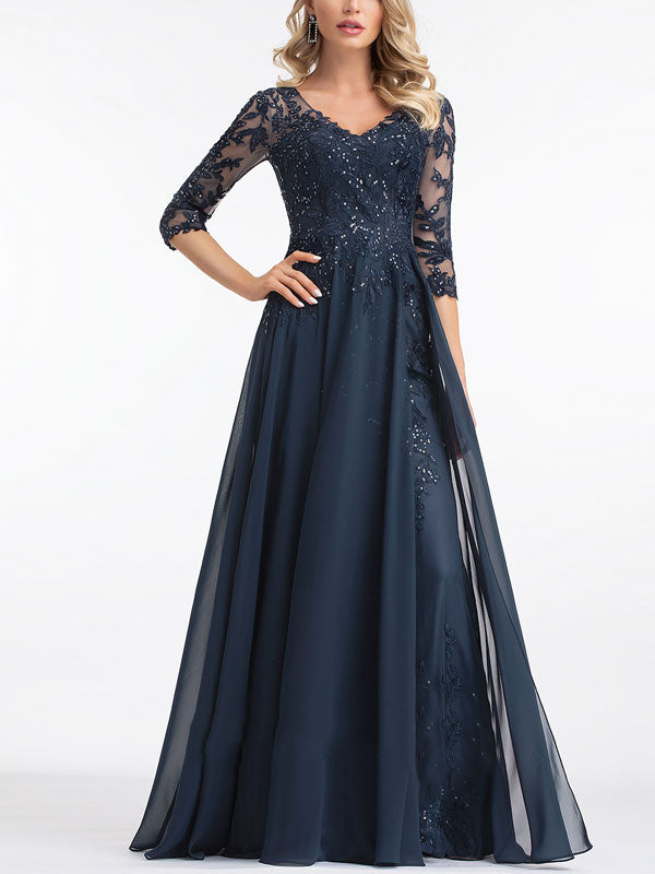 A-line V-Neck Floor-Length Lace Evening Dress