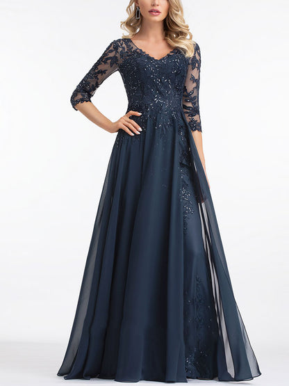 A-line V-Neck Floor-Length Lace Evening Dress