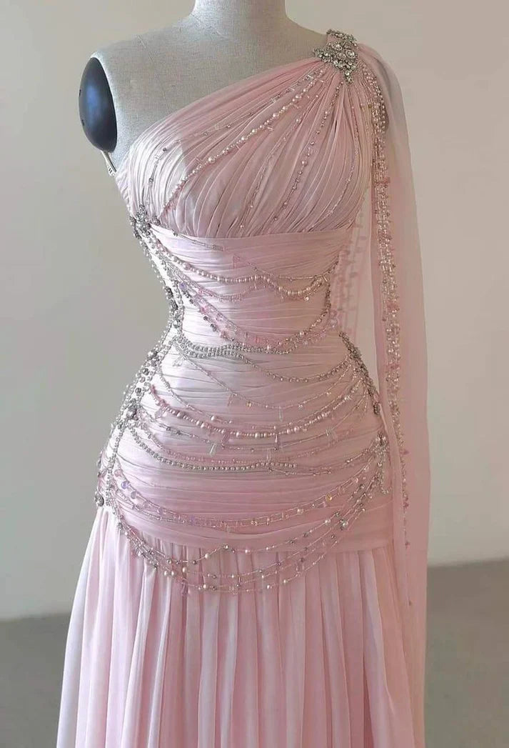 Elegant A Line One Shoulder Beaded Pink Chiffon Long Sweep Prom Dress Evening Dress SH2622