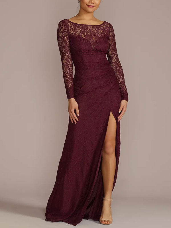 Long-Sleeve Lace Dress with Slit