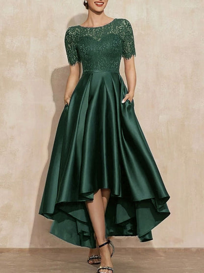 A-Line Scoop Neck Asymmetrical Satin Lace Mother of the Bride Dress With Pockets