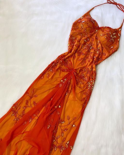 Orange Gorgeous Exquisite Beaded Spaghetti Strap Halter Neck Long Elegant Tulle Mermaid Slim Fit Ball Gown Evening Gown Party Dress gh3172