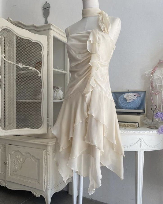 Beige ruffle short chiffon homecoming dress birthday party dress gh4586