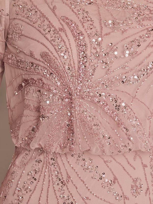 Long-Sleeve Beaded Blouson Top Sheath Dress