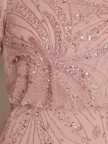 Long-Sleeve Beaded Blouson Top Sheath Dress