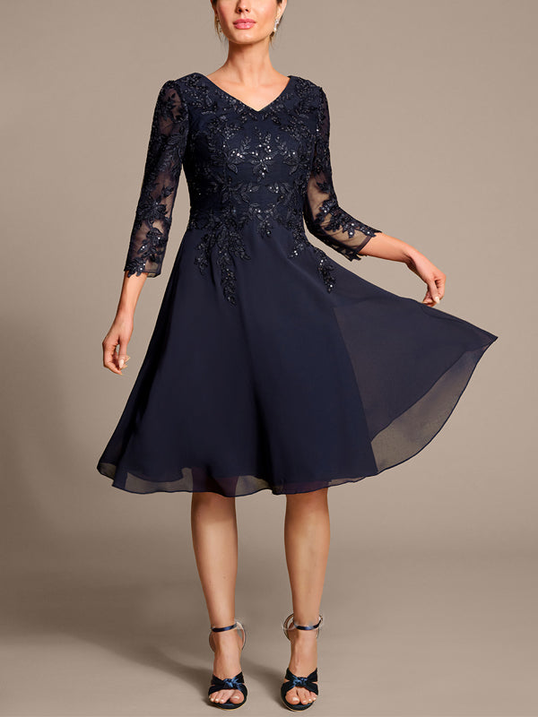 V-neck Lace Solid Color Midi Dress