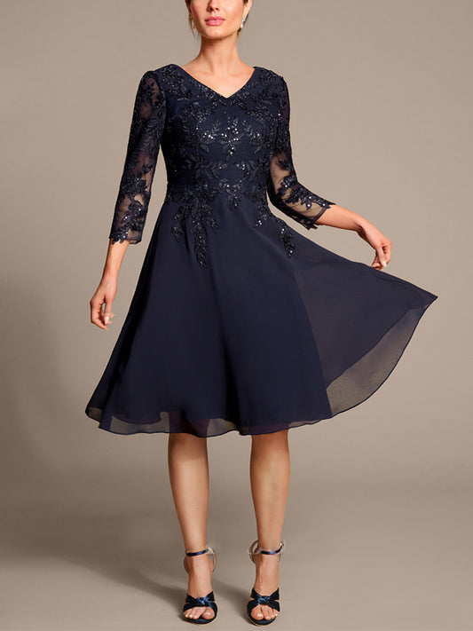 V-neck Lace Solid Color Midi Dress