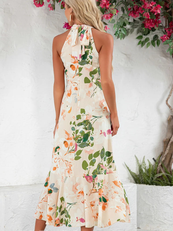 Ruffle Floral Print Halter High Neck A-line Chiffon Satin Asymmetrical Midi Dress