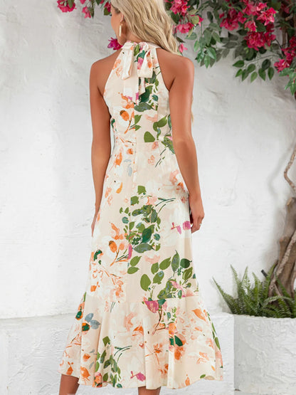 Ruffle Floral Print Halter High Neck A-line Chiffon Satin Asymmetrical Midi Dress