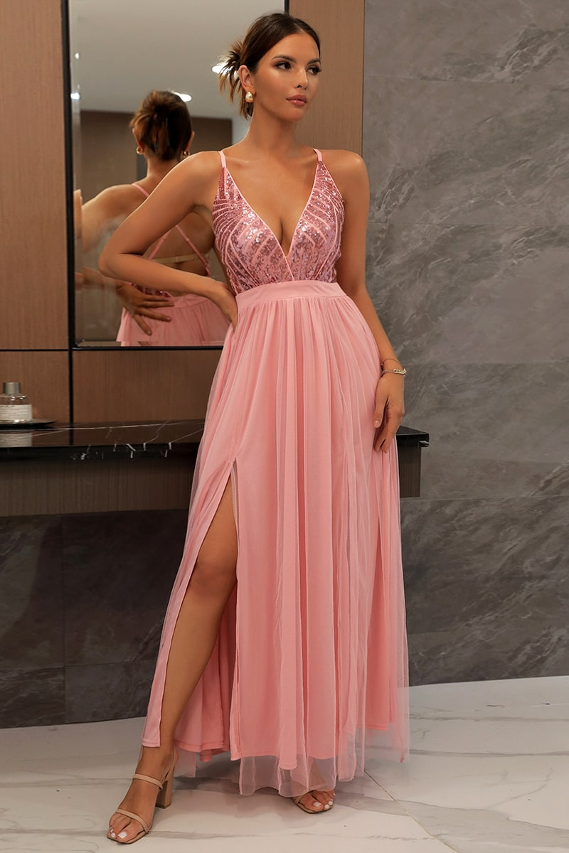 loveedsTM-Strappy V-neck mesh slit backless dress