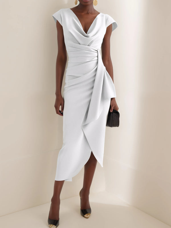 Cowl Neck Ruched Cap Sleeve Sheath Midi Dress