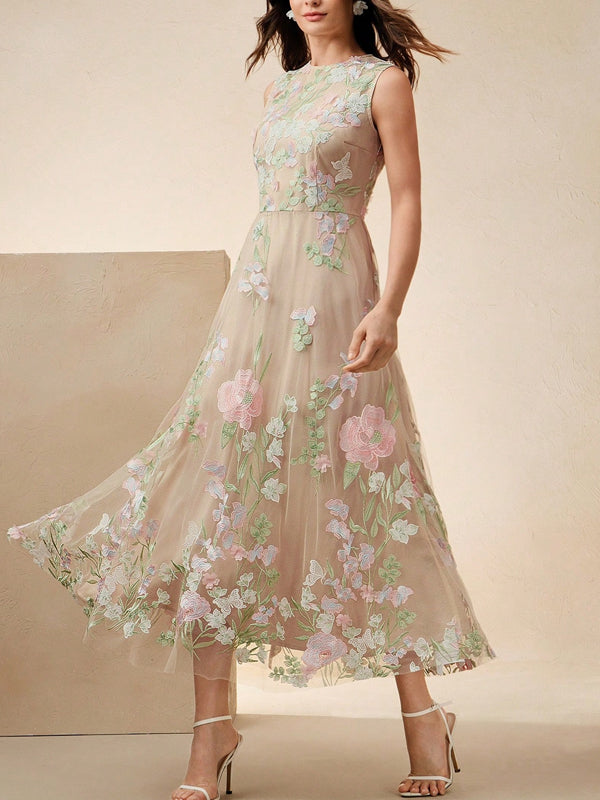 Sleeveless Embroidered Floral Dress