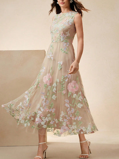 Sleeveless Embroidered Floral Dress