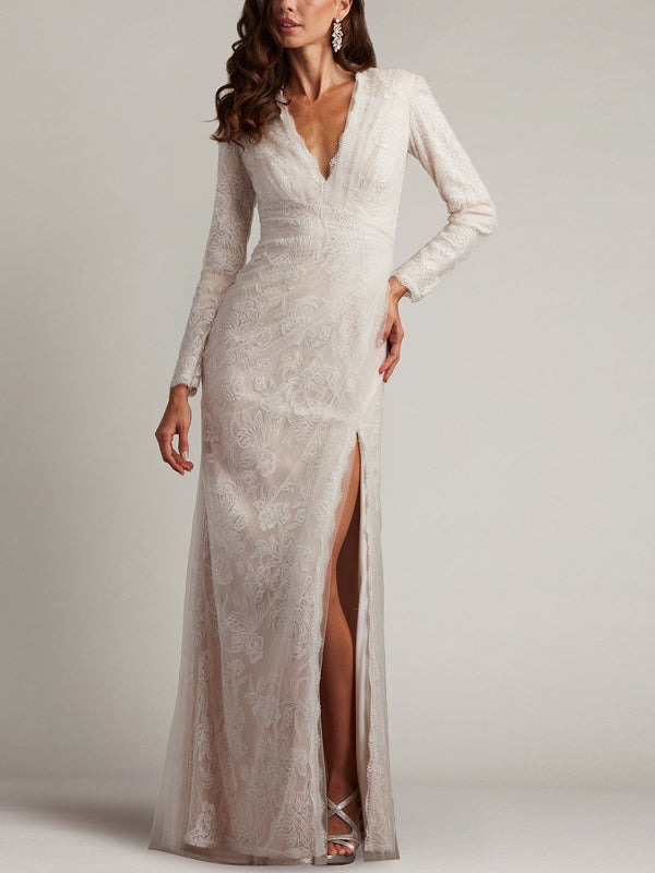 V-neck Lace Solid Color Maxi Dress