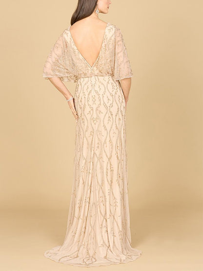 V-Neck Sequin Print Long Sleeves Maxi Dress