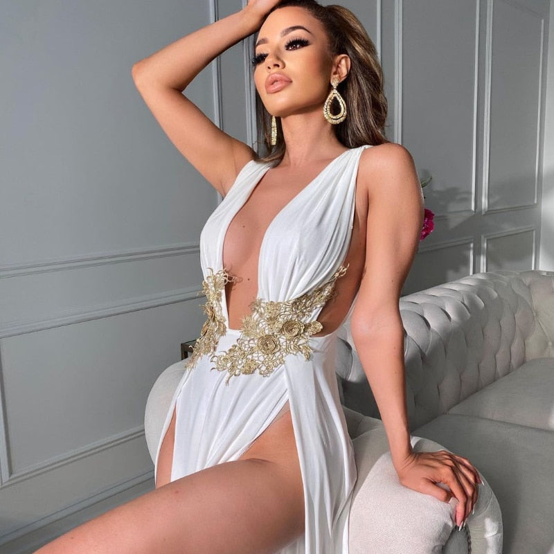 loveedsTM- Women Evening Party Dress Vestidos Long Maxi Dress Sexy Summer Deep V Neck Backless Dress High Slit Fashion Festival