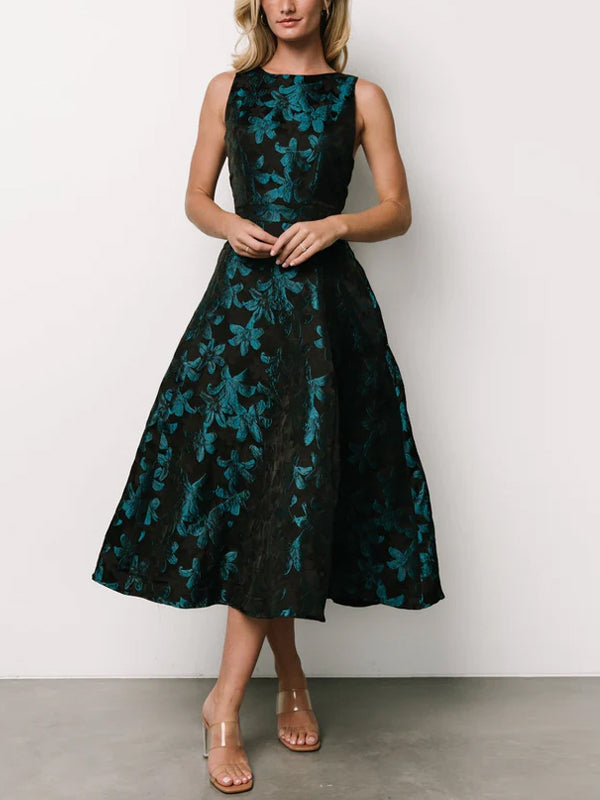 Crew Neck Sleeveless Printed Midi Dress