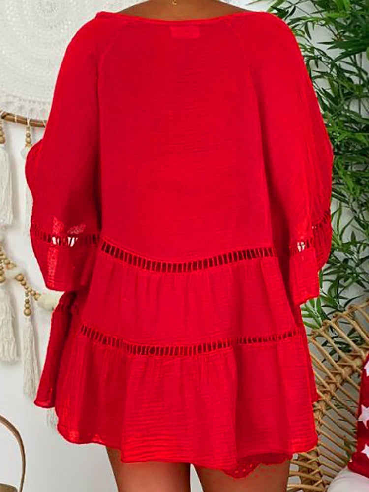 loveedsTM- Women Hollow Out Cotton Linen Mini Top Dress 2024 Summer V Neck Flared Sleeve Loose Irregular Dress Woman Casual Beach Dresses