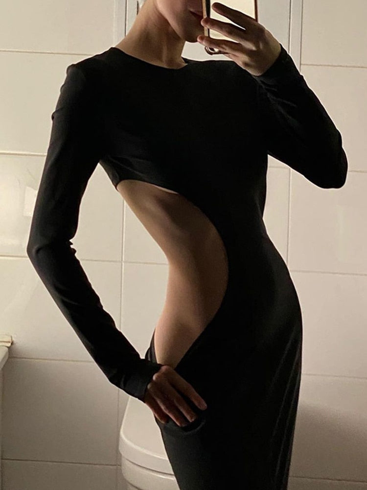 loveedsTM-Fall Party Dresses For Women Sexy Black Cut Out Round Neck Long Dress Women Elegant Long Sleeve Club Party Spring Dresses Skinny Clothes
