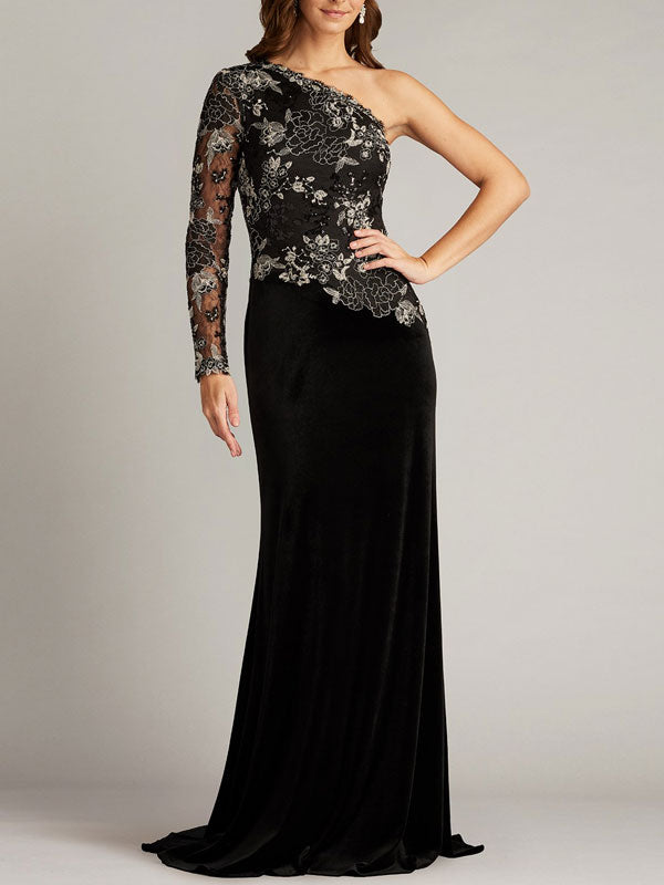 Embroidered Tulle One-sleeve Gown