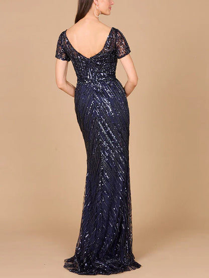 V-neck Sequined Short Sleeves Maxi Dress