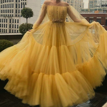Yellow pretty fairy elegant exquisite beading A-line long sleeve long tulle ball gown evening dress gh2234