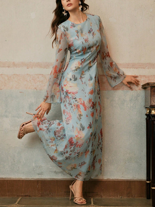 Women's Elegant Floral Print Long Sleeve Resort Dress