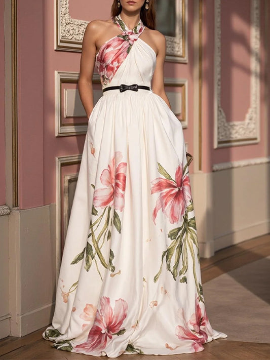 Pink Bow Floral Classic Halter Sleeveless A-Line Maxi Dress