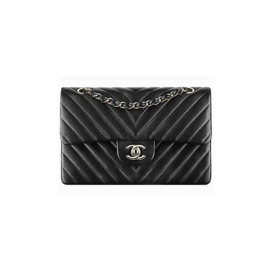 Chanel Classic Chevron Tweed Medium Flap Silver