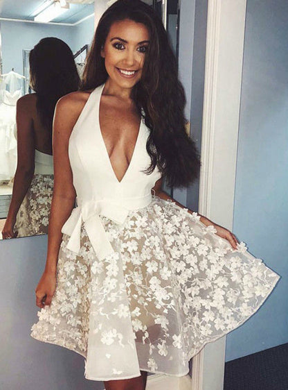 A-Line Ivory Lace Applique Halter Backless Homecoming Dresses