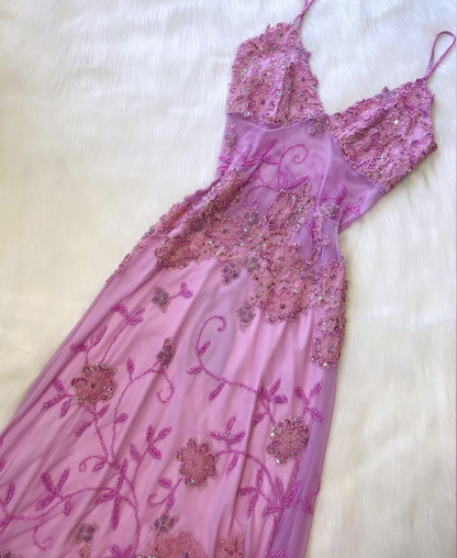 Beautiful A Line Spaghetti Straps Pink Long Prom Dresses Backless Tulle Evening Gowns P2315