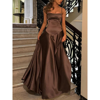 Pretty A line Spaghetti Straps Pink Satin Long Party Dresses Prom Dresses SD2705