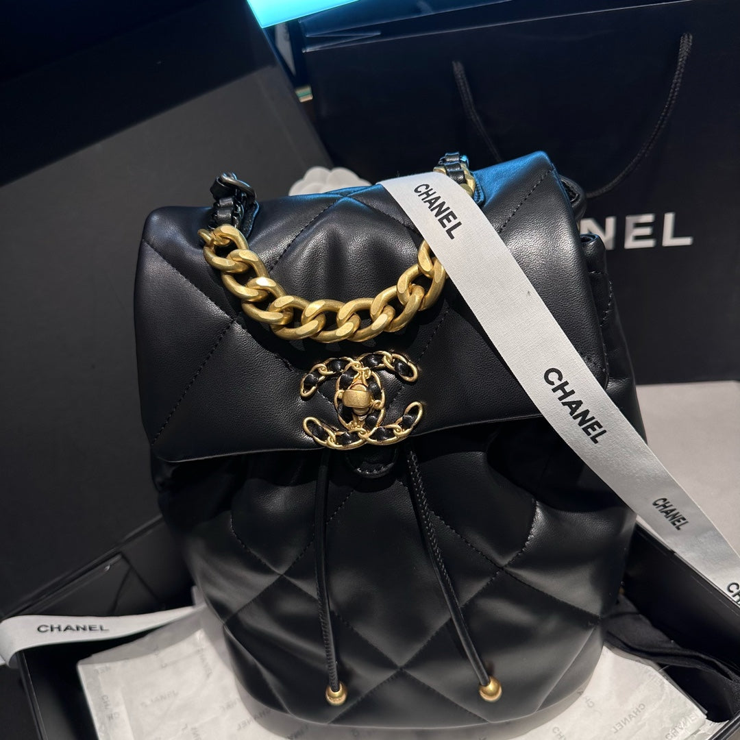 CHANEL 24C Black Lambskin Quilted 19 Flap Backpack Mixed Hardware