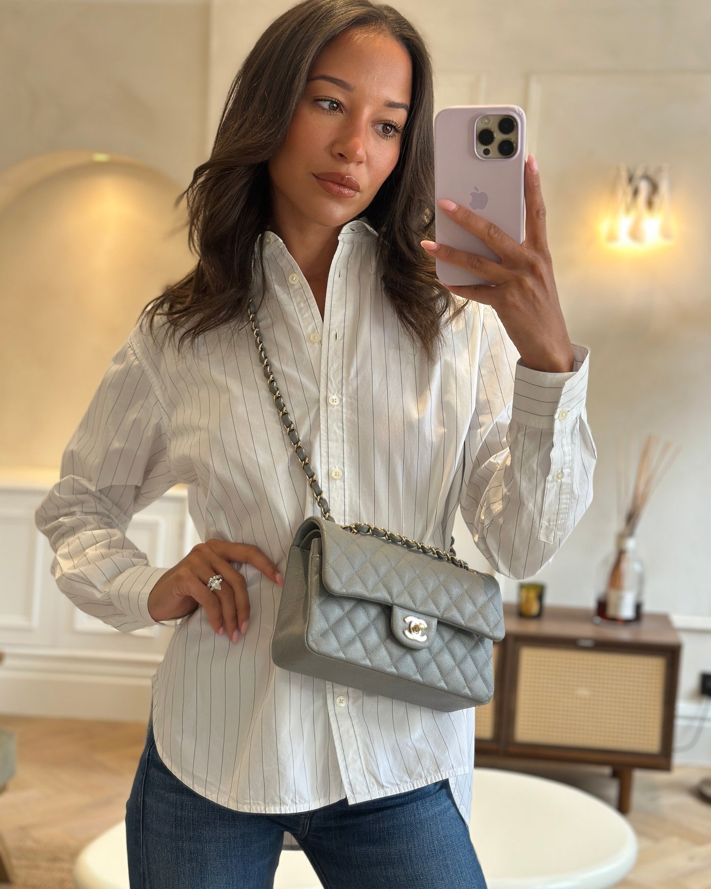 *HOT & RARE* Chanel Stone Grey Small Classic Double Flap Bag in Caviar Leather with Champagne Gold Hardware